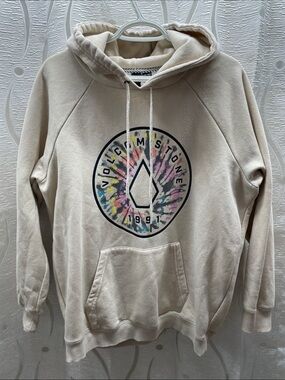 Volcom Cream Pullover Hoodie with Multicolor Tie-Dye Logo